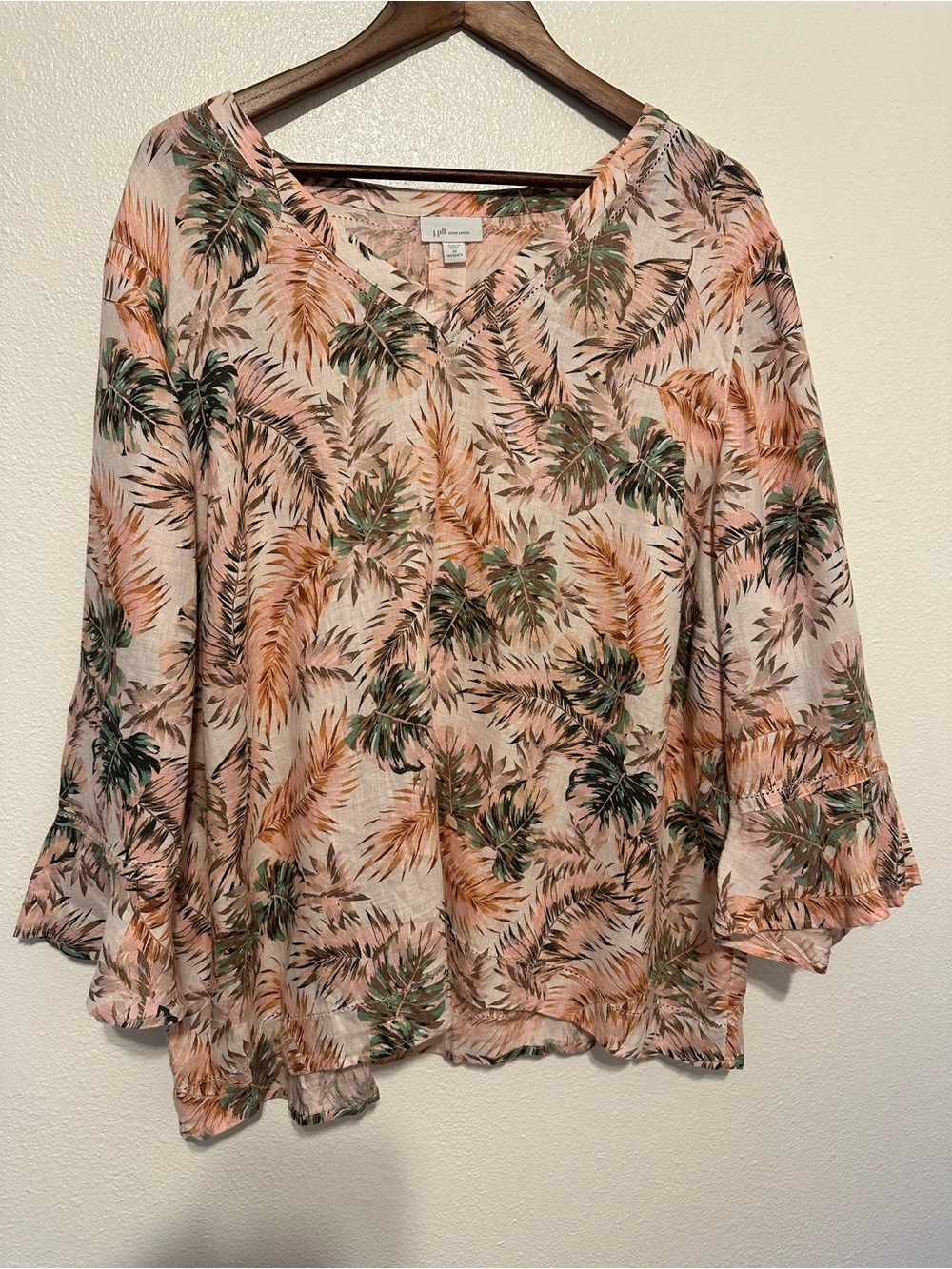 J. Jill Pink Tropical Leaf V-Neck Bell Sleeve Tunic